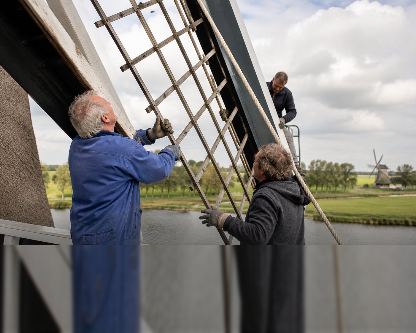 Drie vrijwilligers zetten samen het hekwerk van een molenwiek op zijn plaats