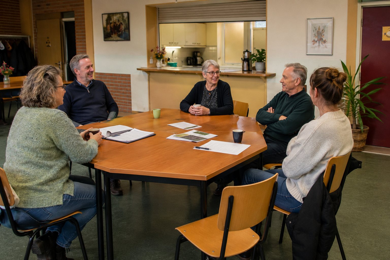 Bestuursleden in gesprek rond de tafel in een dorpshuis