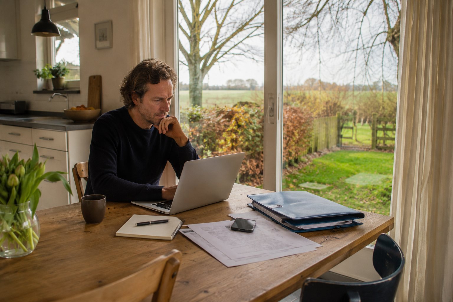 Zelfstandige aan het werk aan de keukentafel, met uitzicht op het land