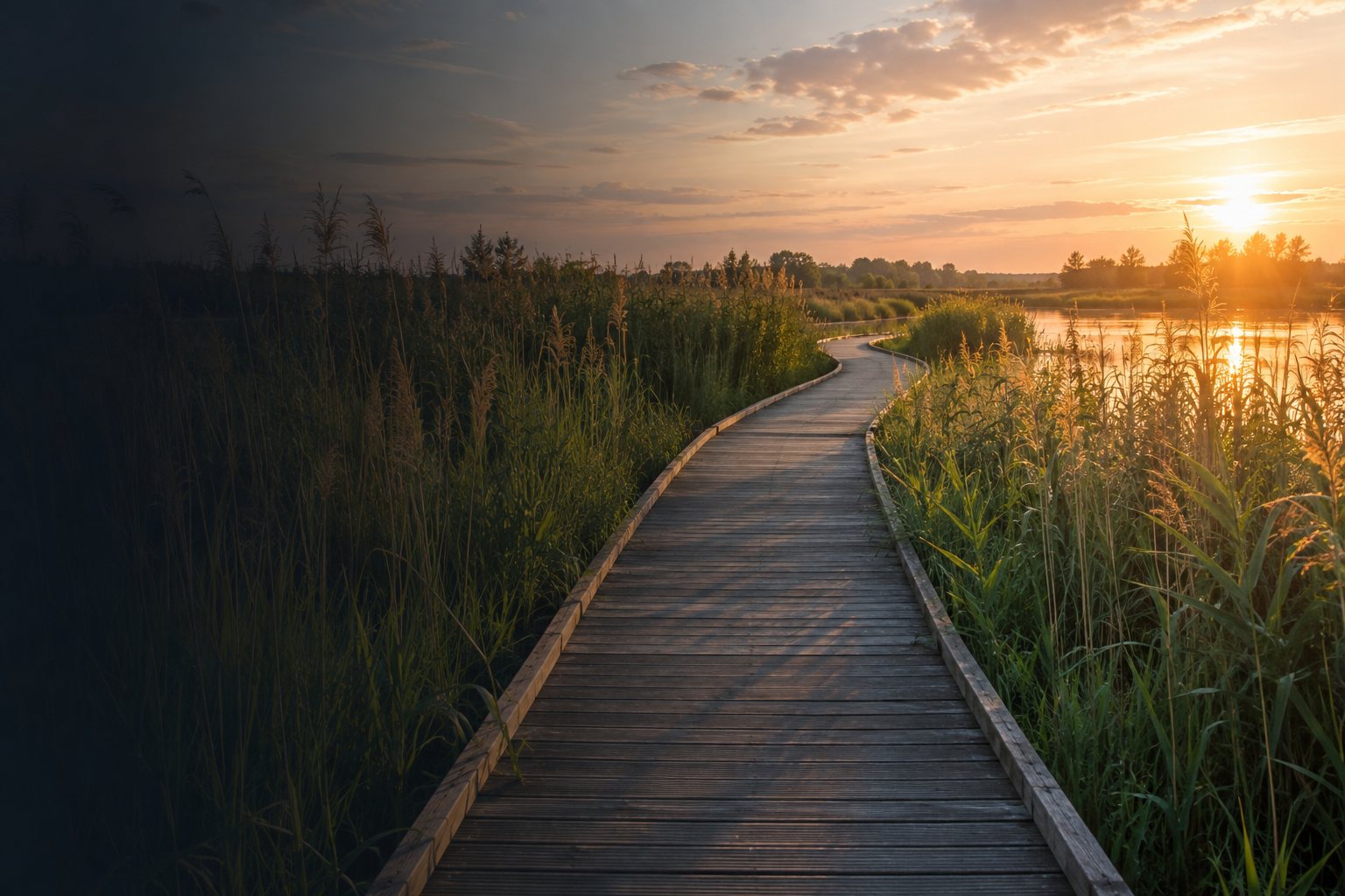 Vlonderpad dat door het riet naar de horizon loopt